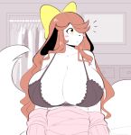  2019 anthro big_breasts blush blush_stickers bra breasts brown_hair canid canine canis clothed clothing digital_media_(artwork) dog female hair hair_bow hair_over_eye hair_ribbon holly_applebee huge_breasts inside long_hair mammal ribbons solo theycallhimcake underwear yellow_eyes 