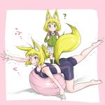  ? absurdres animal_ears ass backpack bag ball bare_arms bare_shoulders barefoot bike_shorts blonde_hair blush breasts child cleavage commentary doitsuken exercise_ball eyebrows_visible_through_hair fang_out fox_daughter_(doitsuken) fox_ears fox_tail fox_wife_(doitsuken) green_eyes green_legwear highres jewelry looking_at_another medium_breasts mother_and_daughter multiple_girls original pink_eyes plantar_flexion reaching ring school_uniform short_hair skirt socks standing stretch tail tank_top trembling wedding_band white_background white_skirt 