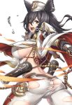  ass back bare_back black_hair breasts broken broken_chain chain dual_wielding erune eyebrows_visible_through_hair fire from_behind garrison_cap granblue_fantasy gun hat highres holding holding_gun holding_weapon ilsa_(granblue_fantasy) large_breasts leaning_forward long_hair looking_at_viewer looking_back military military_uniform no_panties pants red_eyes red_ribbon ribbon rope shiny shiny_hair sideboob simple_background skindentation solo standing teeth tight uniform v-shaped_eyebrows weapon white_background white_hat white_pants yasu_(yossy) 