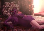  2018 big_breasts black_lips breasts clothing diffver flaccid foreskin hair herm huge_breasts impossible_hair intersex legwear looking_at_viewer lying magic_user makeup messy_hair moles multicolored_hair not_furry penis puffy_lips purple_skin red_eyes solo stockings stylized_hair tattoo uncut vrabo witch 