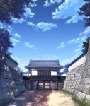  blue_sky cloud day east_asian_architecture evening gate highres mikamin no_humans original outdoors scenery sky stone_wall tree tree_shade wall 