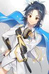  armor blue_hair cape dutch_angle feathers hair_feathers hand_on_hip highres japanese_armor kote male_focus sheath sheathed shorts smile sparkle taikogane_sadamune tantou touken_ranbu yellow_eyes yuhi_(hssh_6) 