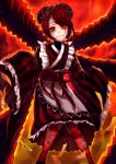  1girl burning entoma_vasilissa_zeta insect_girl japanese_clothes kimono maid monster_girl ofuda overlord_(maruyama) purple_hair red_background red_eyes tentacle 