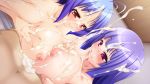  2girls ahoge areolae bed blue_hair blush breast_press breast_squeeze breasts censored clenched_teeth closed_mouth cum cum_explosion cum_on_breasts cum_on_hair cum_on_upper_body ejaculation facial game_cg highres hime_cut huge_breasts indoors long_hair looking_at_viewer lying mosaic_censoring multiple_girls nipples nude original paizuri penis pink_eyes pov purple_hair red_eyes sangoku_hime sangoku_hime_2 shiny shiny_hair shiny_skin short_hair smile sonken_chuubou_(sangoku_hime_2) taishiji_shigi_(sangoku_hime) unicorn-a 