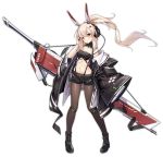  alternate_costume artist_request ayanami_(azur_lane) azur_lane full_body hand_on_head headphones jacket long_hair looking_at_viewer mechanical_horns navel official_art ootsuki_momiji pantyhose pantyhose_under_shorts ponytail red_eyes short_shorts shorts solo standing transparent_background weapon weapon_on_back white_hair wire 