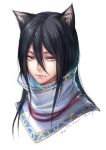  animal_ears black_hair cat_ears character_request closed_mouth commentary_request dated expressionless eyebrows_visible_through_hair hair_between_eyes high_collar kangetsu_(fhalei) light_brown_eyes long_hair looking_at_viewer male_focus otani_yoshitsugu portrait sengoku_musou signature simple_background solo turtleneck white_background 
