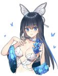  bangs black_hair blue_eyes blush breasts bug butterfly butterfly_hair_ornament closed_mouth eyebrows_visible_through_hair hair_ornament hand_on_own_chest hand_up insect kangetsu_(fhalei) long_hair looking_at_viewer medium_breasts original revealing_clothes simple_background smile solo upper_body white_background 
