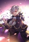  alternate_costume capelet closed_mouth coat edmond_dantes_(fate/grand_order) fate/grand_order fate_(series) frown glint grey_hair grey_scarf hair_over_one_eye hand_up kangetsu_(fhalei) long_hair long_sleeves looking_down male_focus petals purple_background red_eyes scarf solo upper_body 
