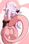  &lt;3 2018 alien android_21 arm_warmers armwear big_breasts big_butt black_clothing black_nails bottomless breasts butt clothed clothing colored_nails davidsanchan dragon_ball dragon_ball_fighterz ear_piercing female gold_(metal) gold_jewelry hair hi_res hoop_earrings humanoid jewelry long_hair majin majin_android_21 not_furry piercing pink_background pink_skin pink_tail pointy_ears pussy rear_view simple_background solo thick_thighs tube_top white_background white_hair 