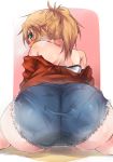  absurdres aqua_eyes ass bare_shoulders blonde_hair blue_shorts blush breath commentary_request embarrassed fate/apocrypha fate_(series) from_behind highres jacket looking_at_viewer looking_back mordred_(fate) mordred_(fate)_(all) off_shoulder onsen_mikan pee peeing peeing_self ponytail puddle red_background red_jacket shiny shiny_skin shirt short_shorts shorts sitting solo steam strapless strapless_shirt tied_hair wariza wet wet_clothes white_shirt 