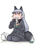  absurdres animal_ears black_coat black_hair black_legwear black_neckwear black_skirt bow bowtie chopsticks commentary_request donbee_(food) eating extra_ears food fox_ears fox_tail fur_trim hair_between_eyes hare_(tetterutei) highres kemono_friends long_sleeves no_nose noodles pantyhose pleated_skirt red_eyes silver_fox_(kemono_friends) silver_hair skirt solo tail 