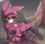  absurdres animal_ears animal_hat bandana black_footwear boots brown_hair bullpup bunny_ears bunny_hat commentary_request cross-laced_footwear fur-trimmed_gloves fur_trim gloves gun hat highres jacket lace-up_boots llenn_(sao) looking_at_viewer p-chan_(p-90) p90 pants pink_bandana pink_gloves pink_hat pink_jacket pink_pants red_eyes shell_casing shirasu_youichi sitting solo submachine_gun sweat sword_art_online sword_art_online_alternative:_gun_gale_online tree weapon 