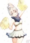  :d alternate_costume arm_up atoatto bare_shoulders blush cheerleader confetti cowboy_shot crop_top eyebrows_visible_through_hair fire_emblem fire_emblem_if green_eyes hair_between_eyes hair_bun head_tilt holding kanna_(female)_(fire_emblem_if) kanna_(fire_emblem_if) looking_at_viewer mamkute miniskirt navel open_mouth pointy_ears ponytail shiny shiny_hair simple_background skirt sleeveless smile solo standing stomach tareme thigh_gap white_background white_hair white_skirt 
