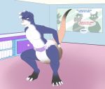  anthro biped clothed clothing crouching dialogue diaper english_text eulipotyphlan feces fur hair inside male mammal maridiamarius messy_diaper scat shrew soiling solo_focus text topless 