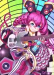  absurdres bare_shoulders bass_guitar blue_eyes blush bow cable closed_mouth drill_hair electric_guitar eyebrows_visible_through_hair fingernails frilled_skirt frills garter_straps guitar hair_between_eyes highres holding holding_instrument instrument long_hair looking_at_viewer murasakijazi music original pink_bow playing_instrument skirt smile solo speaker striped striped_legwear thighhighs twin_drills very_long_hair 
