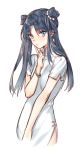  bangs blue_eyes blue_hair blush china_dress chinese_clothes double_bun dress eyebrows_visible_through_hair finger_to_face index_finger_raised kangetsu_(fhalei) looking_at_viewer original parted_bangs short_sleeves simple_background solo twintails upper_body white_background wristband 