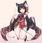  animal_ears azur_lane bangs black_footwear black_hair black_kimono breasts brown_background cat_ears cat_mask eyebrows_visible_through_hair fang fox_shadow_puppet full_body highres japanese_clothes karukan_(monjya) kimono large_breasts long_sleeves looking_at_viewer mask mask_on_head open_mouth panties red_eyes short_kimono simple_background solo thighhighs underwear white_legwear white_panties wide_sleeves yamashiro_(azur_lane) 
