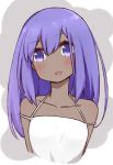  :d alternate_costume alternate_hair_length alternate_hairstyle bare_shoulders blush collarbone cropped_torso dark_skin dress eyebrows_visible_through_hair fate/grand_order fate_(series) halter_dress hassan_of_serenity_(fate) head_tilt i.u.y long_hair open_mouth purple_eyes purple_hair sidelocks smile solo tareme two-tone_background upper_body white_dress 