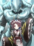  1boy 1girl blue_skin chitin cocytus_(overlord) entoma_vasilissa_zeta extra_eyes insect_girl japanese_clothes kimono looking_at_viewer monster monster_girl overlord_(maruyama) red_eyes waving 
