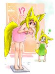  ? absurdres after_bath animal_ears bare_arms bare_legs bare_shoulders barefoot bathroom blonde_hair blush breasts child cleavage commentary covering_mouth doitsuken drinking eyebrows_visible_through_hair fox_daughter_(doitsuken) fox_ears fox_tail fox_wife_(doitsuken) green_eyes green_towel highres indoors leaning_forward long_hair looking_at_another looking_down medium_breasts milk mother_and_daughter multiple_girls naked_towel original pink_eyes pink_towel short_hair tail towel turn_pale weighing_scale weight_conscious wet_tail wide-eyed 