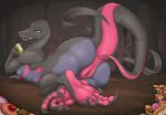  2018 alternate_version_at_source anthro breasts butt cherry clitoris digital_media_(artwork) female food forked_tongue fruit hi_res holding_food holding_object looking_at_viewer nintendo nipples non-mammal_breasts phathusa pok&eacute;mon pok&eacute;mon_(species) pussy salazzle solo tongue tongue_out video_games 