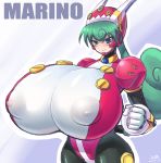  1girl 2b-ge alternate_breast_size android blue_eyes blush breasts character_name erect_nipples eyebrows_visible_through_hair gigantic_breasts green_hair headgear helmet leotard long_hair marino rockman rockman_x rockman_x_command_mission simple_background smile solo spandex upper_body 