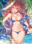  ;d animal_ear_fluff animal_ears ball bare_arms bare_shoulders beachball bikini blue_bikini blurry blurry_foreground blush bracelet breasts cleavage collarbone cowboy_shot day depth_of_field ears_visible_through_hair eyebrows_visible_through_hair fang fate/grand_order fate_(series) fox_ears fox_tail hat head_tilt highres jewelry kawai legs_together long_hair looking_at_viewer navel one_eye_closed open_mouth orange_eyes outdoors palm_tree pink_hair red_ribbon ribbon shawl shiny shiny_skin side-tie_bikini smile solo standing starfish stomach straw_hat string_bikini sun_hat swimsuit tail tamamo_(fate)_(all) tamamo_no_mae_(swimsuit_lancer)_(fate) thighs tree 