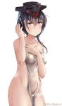  black_hair blush breasts closed_mouth collarbone covered_nipples covering eyebrows_visible_through_hair hair_between_eyes i-13_(kantai_collection) juurouta kantai_collection long_hair looking_at_viewer nude nude_cover simple_background small_breasts solo wet white_background 