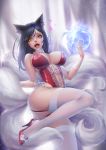  ahri animal_ears ass bangs bare_shoulders black_hair blurry blurry_background breasts cleavage cowboy_shot cross-laced_clothes facial_mark fangs fingernails fox_ears fox_girl fox_tail from_side garter_straps heart high_heels large_breasts league_of_legends leg_up leotard lips long_fingernails long_hair looking_at_viewer multiple_tails open_mouth red_footwear rhasta solo standing standing_on_one_leg tail thighhighs whisker_markings white_legwear yellow_eyes 