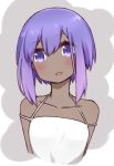  :d alternate_costume bare_shoulders blush collarbone cropped_torso dark_skin dress eyebrows_visible_through_hair fate/grand_order fate_(series) halter_dress hassan_of_serenity_(fate) head_tilt i.u.y open_mouth purple_eyes purple_hair short_hair sidelocks smile solo tareme two-tone_background upper_body white_dress 
