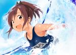  :d blush breasts brown_eyes brown_hair cloud commentary_request day fujiyama hair_ornament horizon i-401_(kantai_collection) kantai_collection looking_at_viewer name_tag one-piece_swimsuit open_mouth partially_submerged ponytail school_swimsuit short_hair sky small_breasts smile solo swimming swimsuit teeth upper_body water water_drop 