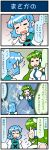  2girls 4koma artist_self-insert blue_hair closed_eyes comic commentary detached_sleeves frog_hair_ornament gradient gradient_background green_eyes green_hair hair_ornament hair_tubes highres juliet_sleeves kochiya_sanae long_hair long_sleeves mizuki_hitoshi multiple_girls nontraditional_miko open_mouth outstretched_arms puffy_sleeves short_hair smile snake_hair_ornament sparkle spread_arms sweatdrop tatara_kogasa touhou translated vest wide_sleeves 