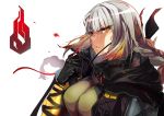  arm_strap bad_id bad_pixiv_id bangs black_gloves braid breasts cape commentary_request eyebrows_visible_through_hair eyepatch eyepatch_removed eyes_visible_through_hair floating_hair girls_frontline gloves gradient_hair grey_hair gun half-closed_eyes hand_up highres holding holding_eyepatch large_breasts long_hair looking_at_viewer m16a1_(girls_frontline) multicolored_hair open_mouth orange_hair sangvis_ferri sidelocks simple_background single_braid skirt solo spoilers streaked_hair weapon white_background wwwazxc yellow_eyes 