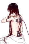  back black_hair cable from_behind hand_up kangetsu_(fhalei) long_hair looking_at_viewer looking_back original parts_exposed red_eyes simple_background sitting solo topless very_long_hair white_background 