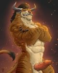  2018 4_ears abs absurd_res animal_genitalia anthro badcoyote balls bastioner_ragefang biceps blue_eyes brown_claws brown_fur brown_hair brown_horn brown_markings brown_stripes brown_tail butt charr claws crossed_arms erection facial_piercing fangs feline front_view fur guild_wars hair hand_on_arm hi_res horn hybrid_penis knot long_tail looking_at_viewer looking_down male mammal manly markings multi_ear multicolored_fur muscular muscular_male navel nose_piercing nude pecs penis piercing pink_nose pink_penis portrait pose sharp_claws sharp_teeth simple_background solo spread_legs spreading standing stripes tail_tuft tan_balls tan_fur teeth thick_thighs three-quarter_portrait triceps tuft vein veiny_penis video_games 