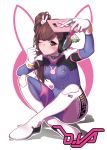  acronym alternate_hairstyle animal_print blue_bodysuit bodysuit breasts brown_eyes brown_hair bunny_hair_ornament bunny_print cellphone character_name charm_(object) clothes_writing d.va_(overwatch) emblem full_body gloves hair_ornament headphones high_collar holding holding_phone hunched_over indian_style konbu_(hida123) long_hair one_eye_closed outline outstretched_arm overwatch pachimari phone pilot_suit ribbed_bodysuit self_shot shadow shoulder_pads side_ponytail sitting skin_tight small_breasts smartphone solo stuffed_animal stuffed_octopus stuffed_toy taking_picture white_background white_gloves 