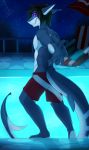  2018 5_fingers anthro black_hair clothed clothing detailed_background digital_media_(artwork) fin fish hair male marine night outside purple_eyes shark solo topless water wolflady 