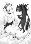  absurdres ass bare_back bare_shoulders barefoot black_hair black_leotard blush commentary_request cover cum cum_on_ass cum_on_body cum_on_lower_body earrings ereshkigal_(fate/grand_order) eyebrows_visible_through_hair fate/grand_order fate_(series) feet greyscale hair_ornament hair_ribbon highres hoop_earrings ishtar_(fate/grand_order) jewelry leotard looking_at_viewer looking_back monochrome multiple_girls orange_maru ribbon seiza siblings sisters sitting soles tears tiara twintails yang-do 