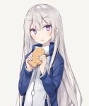  bangs blush commentary_request eyebrows_visible_through_hair fang food grey_background grey_hair hair_between_eyes head_tilt holding holding_food jacket jpeg_artifacts long_hair long_sleeves looking_at_viewer open_mouth original poco_(asahi_age) purple_eyes simple_background solo taiyaki turtleneck upper_body very_long_hair wagashi white_background 