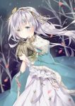  anastasia_(fate/grand_order) bangs bare_tree blue_cloak blue_eyes blush closed_mouth commentary_request crown dress dutch_angle eyebrows_visible_through_hair fate/grand_order fate_(series) hair_between_eyes hair_ornament hairband holding leaf_hair_ornament long_hair looking_at_viewer mini_crown petals qlakwnd royal_robe silver_hair solo tree very_long_hair white_dress 