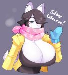  2019 anthro big_breasts black_hair blue_eyes breasts canid canine canis cleavage clothed clothing digital_media_(artwork) dog ear_piercing english_text female hair hair_over_eye hi_res huge_breasts looking_at_viewer maggie_applebee mammal mittens piercing scarf short_hair simple_background solo text theycallhimcake 