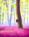  black_eyes black_hair commentary_request day field flower flower_field flower_request highres ilya_kuvshinov long_hair looking_at_viewer original outdoors peeking_out solo tree 
