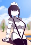  2018 andro_juniarto android areola areola_slip armwear bikini black_eyes black_hair breasts clothing desert detailed_background doll_joints exotic_navel female front_view hair headwear hi_res humanoid leggings legwear looking_at_viewer machine maid_headdress maid_uniform maidbot navel no_pupils noseless not_furry robot sling_bikini smile smug solo swimsuit uniform white_skin 