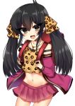  :d absurdres animal_print backpack bag bangs bare_shoulders black_hair blush brown_camisole brown_eyes camisole collarbone commentary cowboy_shot eyebrows_visible_through_hair hair_between_eyes hair_ribbon head_tilt heart heart_necklace highres idolmaster idolmaster_cinderella_girls jacket leopard_print long_hair long_sleeves looking_at_viewer matoba_risa midriff navel open_clothes open_jacket open_mouth pink_jacket pink_skirt pleated_skirt print_camisole print_ribbon ribbon ricroot skirt smile solo twintails v-shaped_eyebrows very_long_hair 