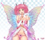  artist_request ass_visible_through_thighs breasts bridal_gauntlets butterfly_wings commentary contrapposto detached_collar dress elbow_gloves english_commentary eyebrows_visible_through_hair fairy fairy_wings game_cg gloves green_eyes hair_ornament hairclip huniepop huniepop_2 kyu_sugardust looking_at_viewer medium_breasts official_art panties pink_dress pink_hair pink_panties short_twintails showgirl_skirt solo standing strapless twintails underwear white_gloves wings 