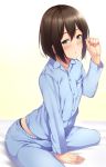  black_panties blue_eyes blush bob_cut brown_hair bulge hair_between_eyes highres looking_at_viewer male_focus original otoko_no_ko pajamas panties panty_peek parted_lips short_hair sitting sleepy solo stain takocha tears underwear wariza 