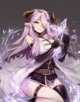  artist_name bare_shoulders belt black_gloves black_legwear blue_eyes breasts bug butterfly commentary elbow_gloves english_commentary eyebrows_visible_through_hair eyes fingerless_gloves gloves granblue_fantasy hair_ornament hair_over_one_eye hairclip horns insect large_breasts long_hair looking_at_viewer narmaya_(granblue_fantasy) pointy_ears purple_hair single_thighhigh smile solo terupancake thigh_strap thighhighs twitter_username 
