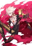  blue_eyes bodysuit cape collar covered_navel earrings fate/apocrypha fate/grand_order fate_(series) hair_between_eyes highres jewelry kangetsu_(fhalei) karna_(fate) looking_at_viewer male_focus necklace solo spiked_collar spikes torn_clothes white_hair 
