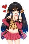  :d animal_print bangs bare_shoulders black_hair blush brown_camisole brown_eyes camisole cowboy_shot eyebrows_visible_through_hair hair_between_eyes hand_on_hip head_tilt heart heart_necklace highres idolmaster idolmaster_cinderella_girls jacket jewelry leopard_print long_hair long_sleeves matoba_risa midriff miniskirt navel open_mouth pink_jacket pink_skirt pleated_skirt print_camisole print_ribbon ribbon ricroot simple_background skirt smile solo twintails v very_long_hair white_background 