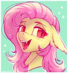  2018 bat_pony blush border cute equine eyebrows eyelashes fangs female feral floppy_ears flutterbat_(mlp) fluttershy_(mlp) friendship_is_magic green_background hair headshot_portrait lispp looking_at_viewer mammal my_little_pony open_mouth open_smile pink_hair portrait red_eyes simple_background slit_pupils smile solo sparkles teeth tongue white_border 